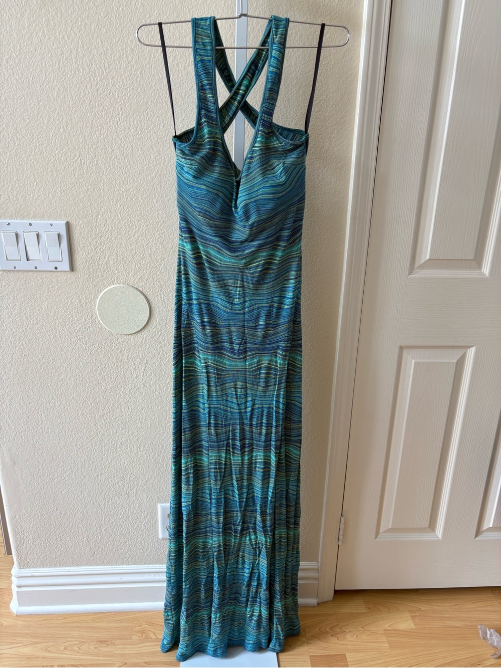 Y2K Bebe Racerback Cut-out Maxi Dress in Blue / Green Stripe - Size S